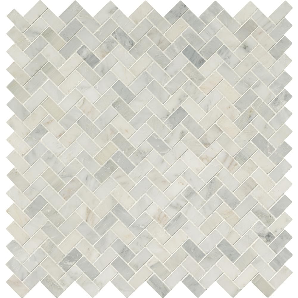 Arabescato Carrara Herringbone Pattern 11.63" x 11.63" Honed Marble Mesh-Mounted Mosaic Tile Pattern-MSI Collection