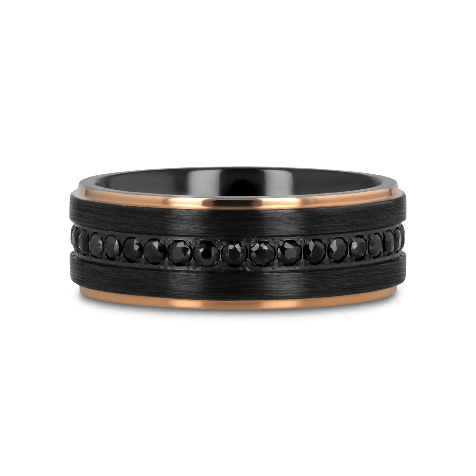 ASTRO Flat Brushed Black Titanium Ring with Rose Gold Plated Edge and Black Sapphire Settings All Around - 8mm