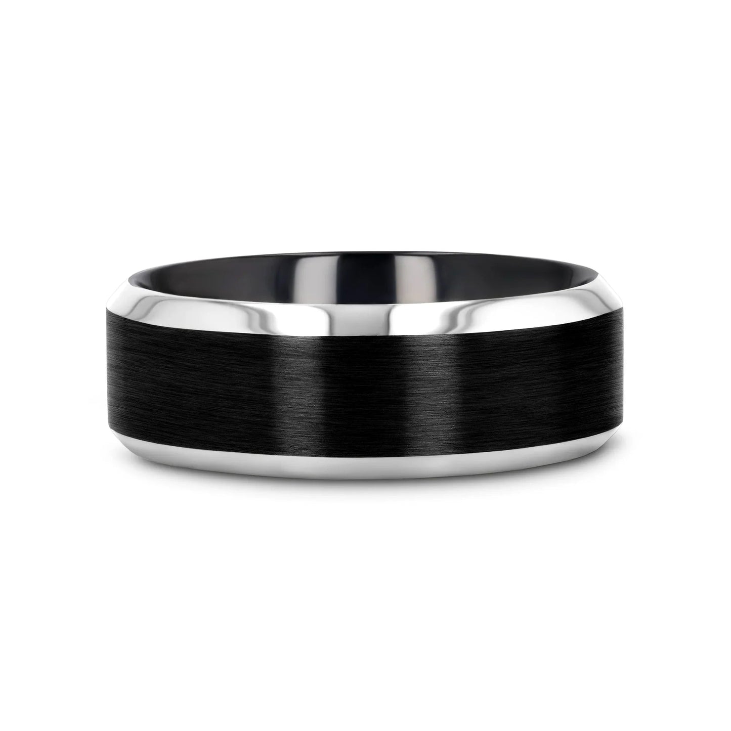 ATNOS Men’s Black Titanium Wedding Ring with Brushed Center and Polished Beveled Edges — 6mm & 8mm