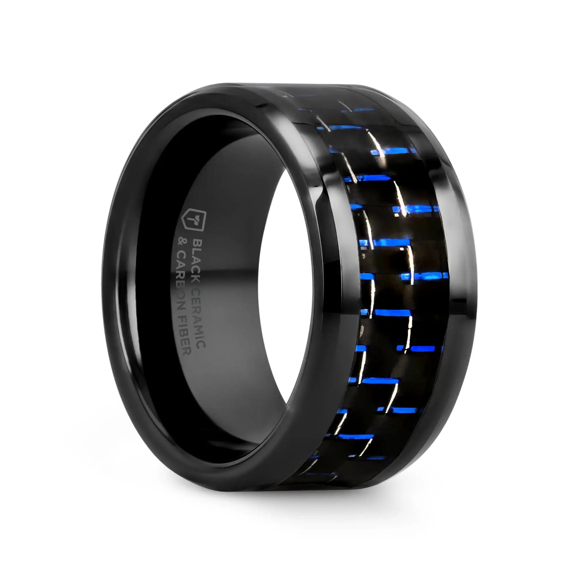 AVITUS Black Beveled Ceramic Ring with Blue & Black Carbon Fiber Inlay - 4mm - 10mm