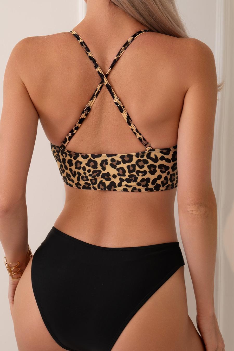 Sexy leopard printing padded backless cross sling tankini set