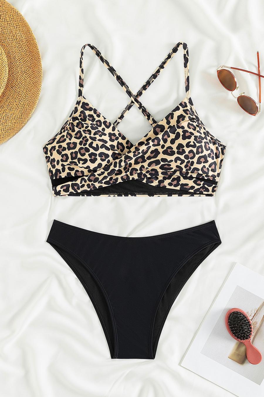 Sexy leopard printing padded backless cross sling tankini set