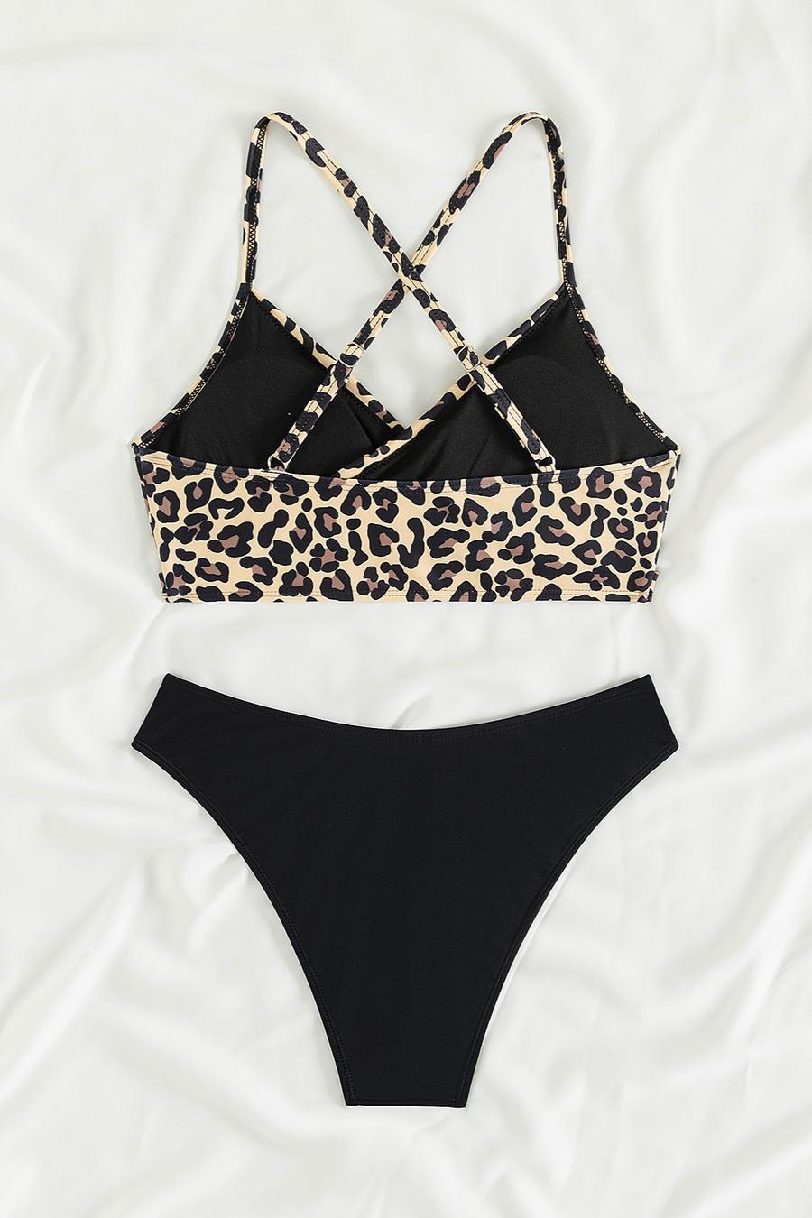 Sexy leopard printing padded backless cross sling tankini set