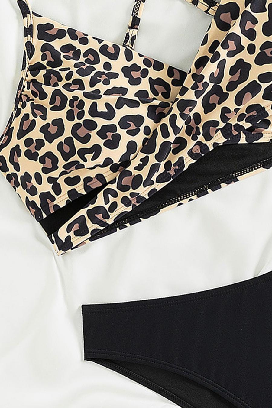 Sexy leopard printing padded backless cross sling tankini set