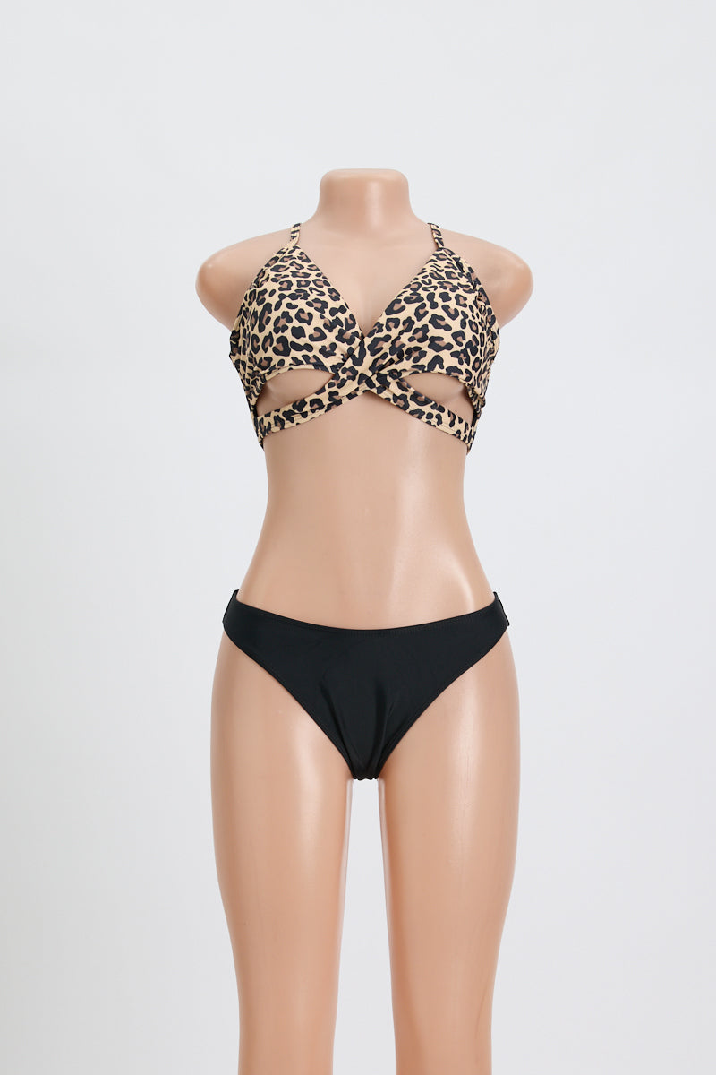 Sexy leopard printing padded backless cross sling tankini set
