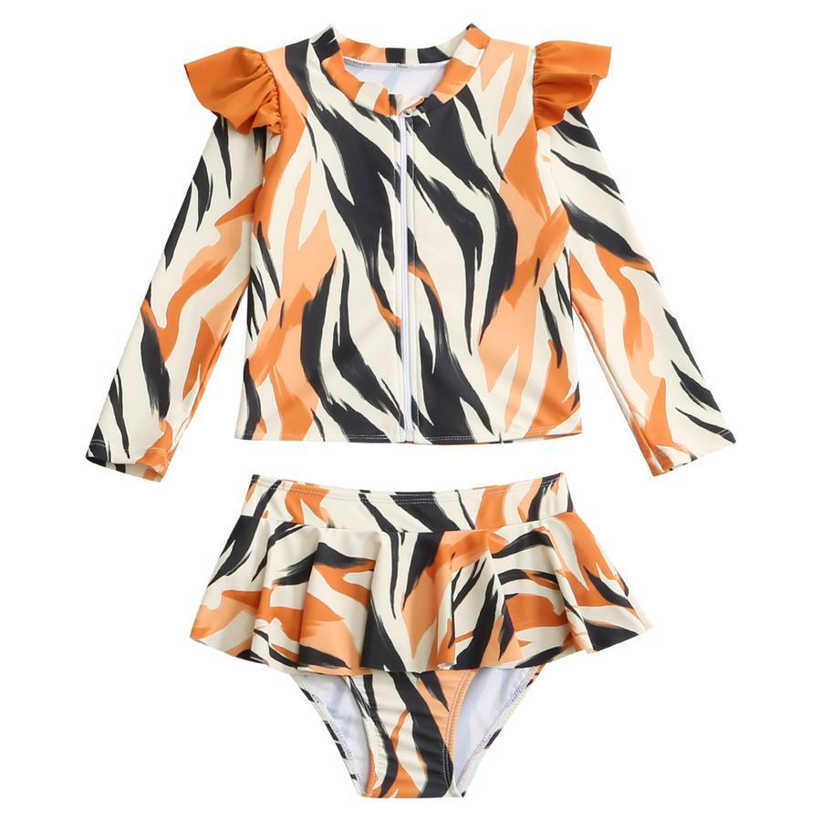 Girl teen stylish irregular stripe print unpadded long sleeve two-piece swimsuit