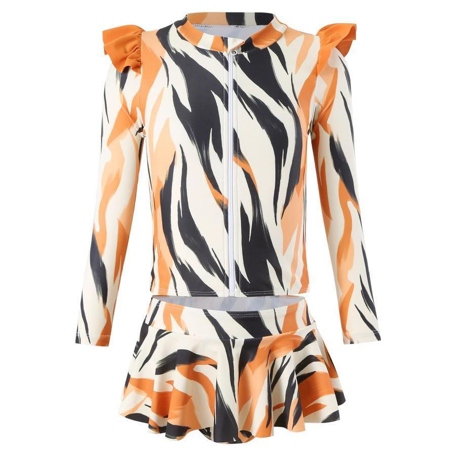 Girl teen stylish irregular stripe print unpadded long sleeve two-piece swimsuit