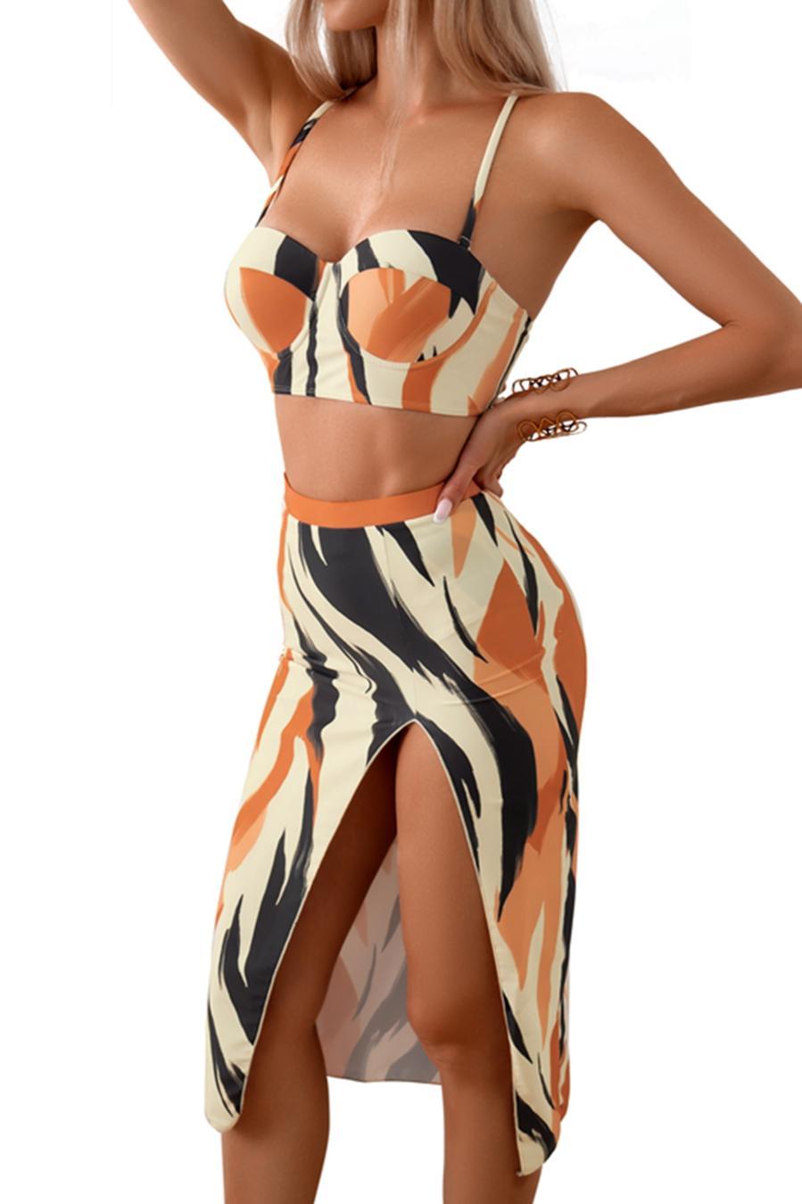 Sexy graphic printing padded underwire slit skirt three-piece swimsuit
