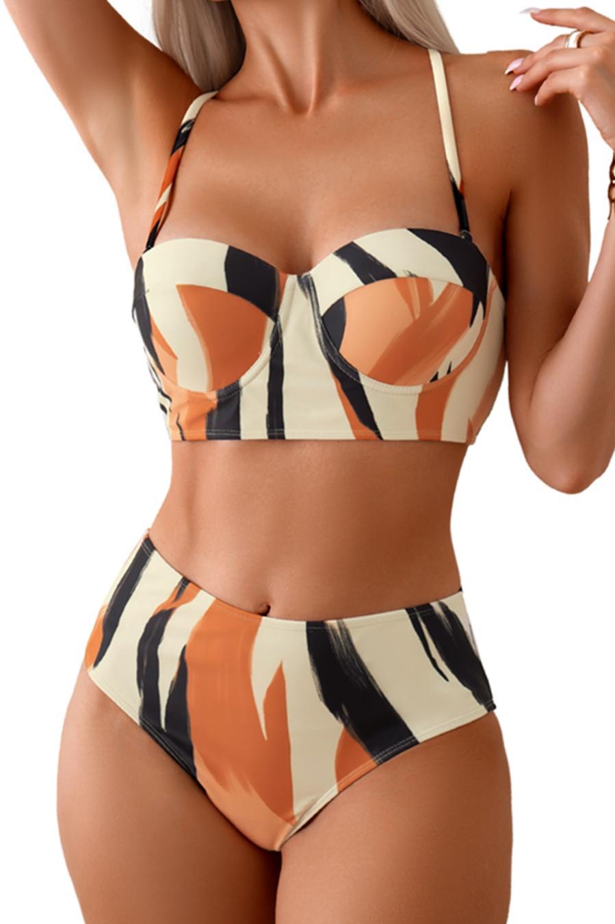 Sexy graphic printing padded underwire slit skirt three-piece swimsuit