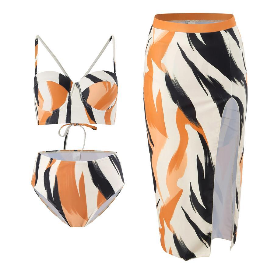 Sexy graphic printing padded underwire slit skirt three-piece swimsuit