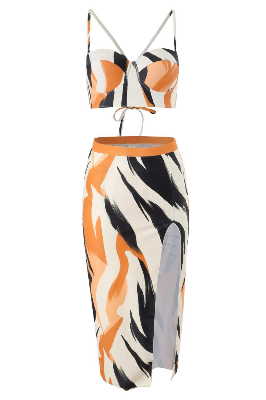 Sexy graphic printing padded underwire slit skirt three-piece swimsuit