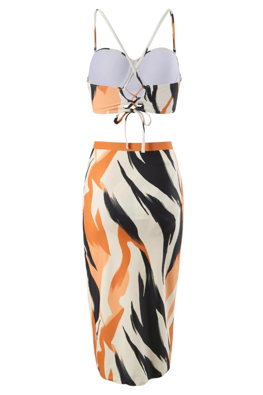 Sexy graphic printing padded underwire slit skirt three-piece swimsuit