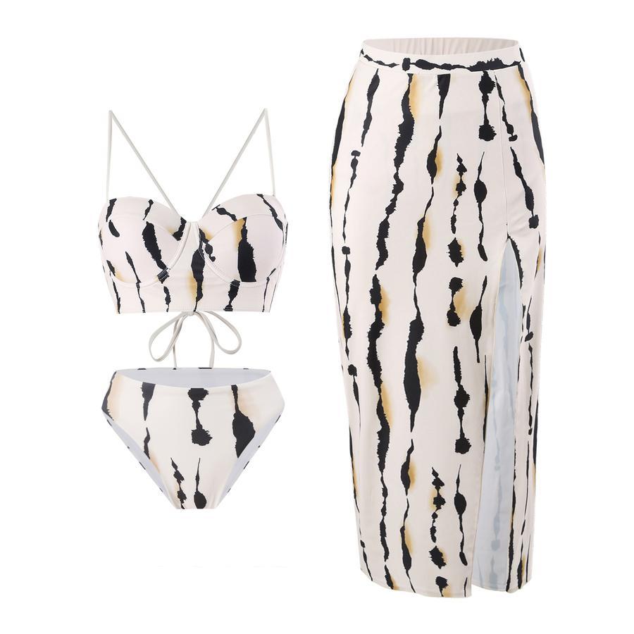Sexy digital printing padded underwire slit skirt three-piece swimsuit