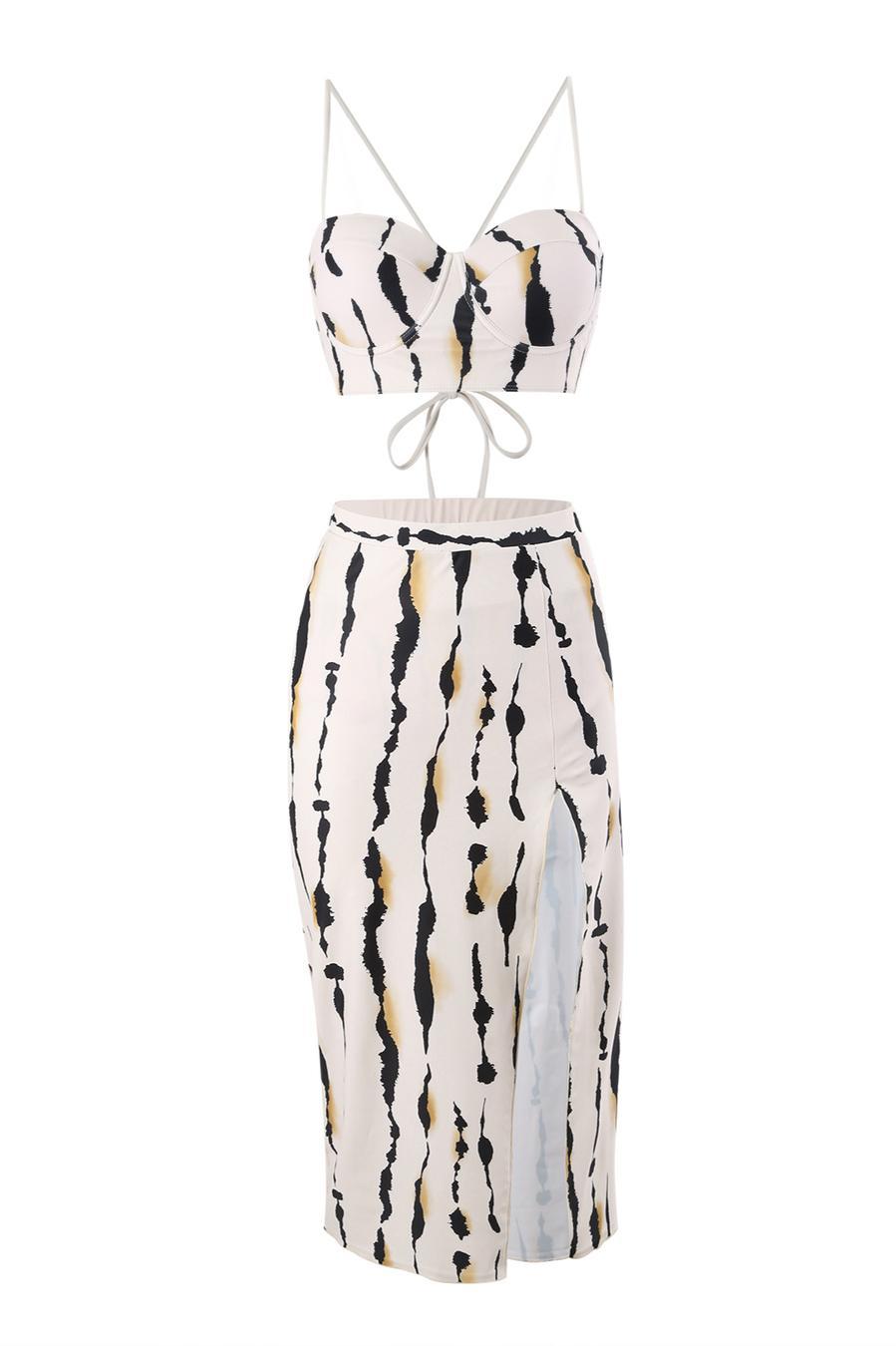 Sexy digital printing padded underwire slit skirt three-piece swimsuit