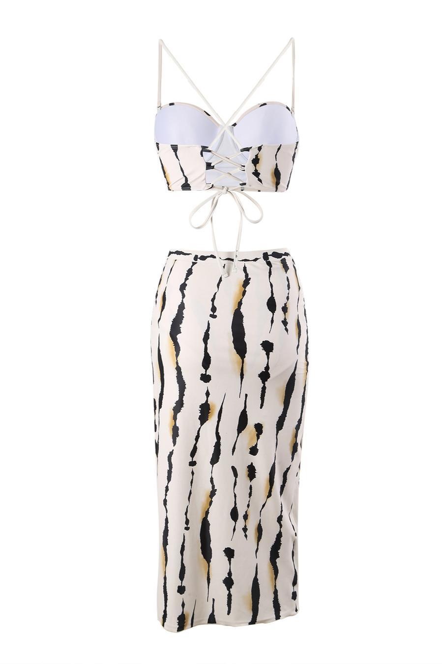 Sexy digital printing padded underwire slit skirt three-piece swimsuit