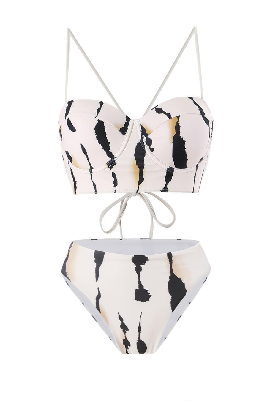 Sexy digital printing padded underwire slit skirt three-piece swimsuit