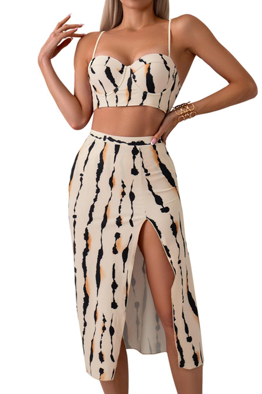 Sexy digital printing padded underwire slit skirt three-piece swimsuit