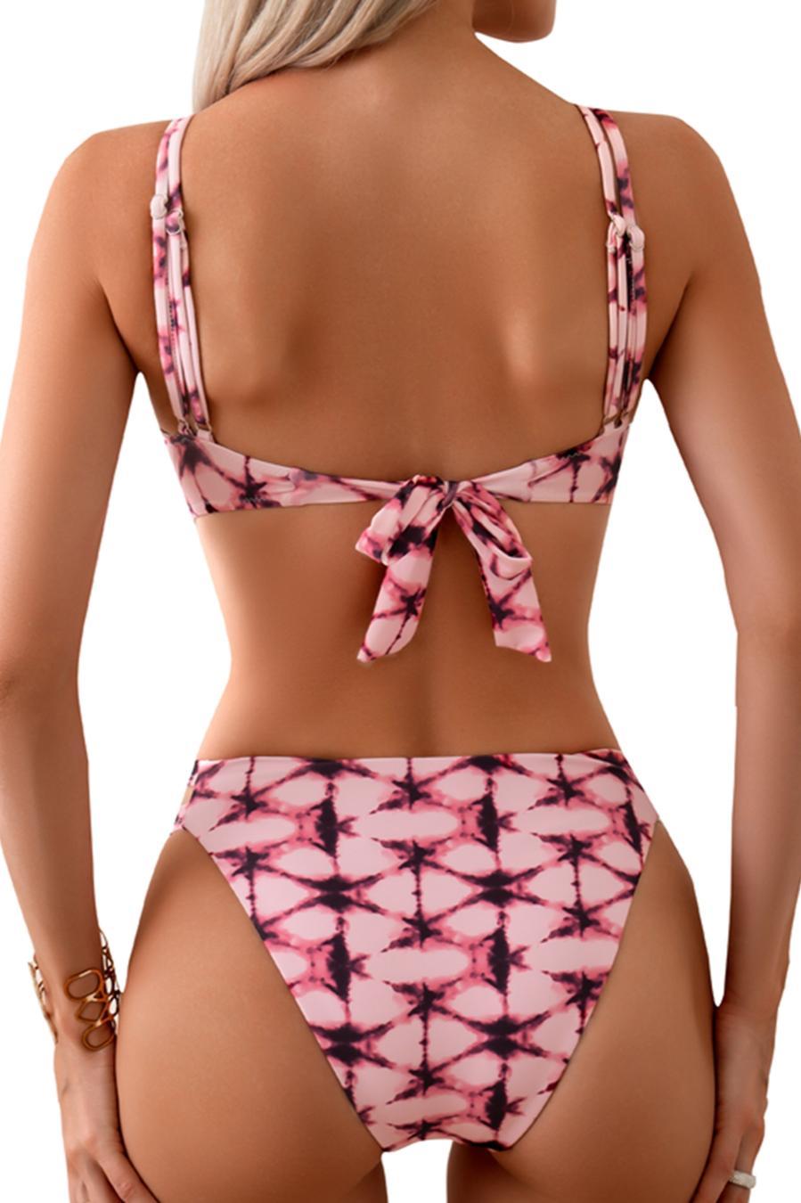 Sexy pink graphic printing padded underwire backless sling bikini set