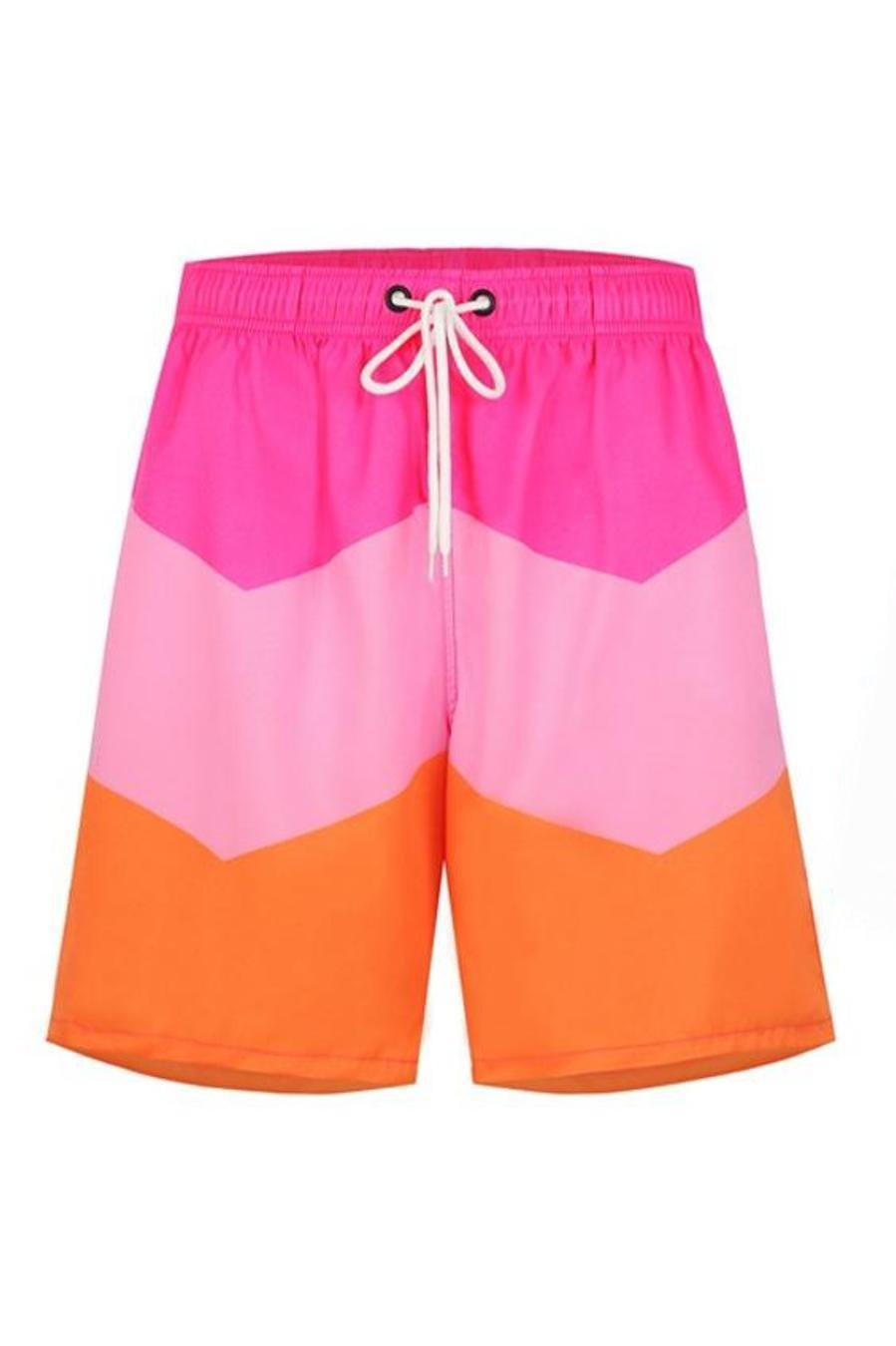 Men's stripe color-block beach shorts with lined