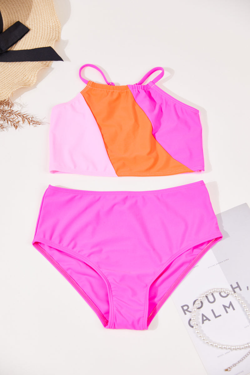 Teen girl's  color-block non-padded three-piece swimsuit