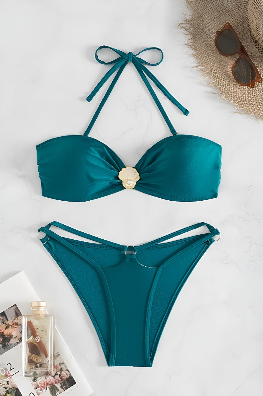 Sexy metallic shell decor padded halter-neck lace-up bikini set