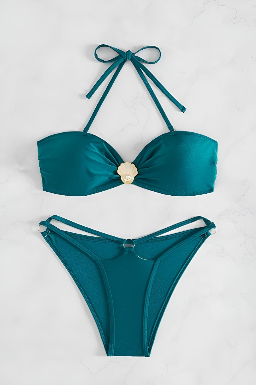 Sexy metallic shell decor padded halter-neck lace-up bikini set