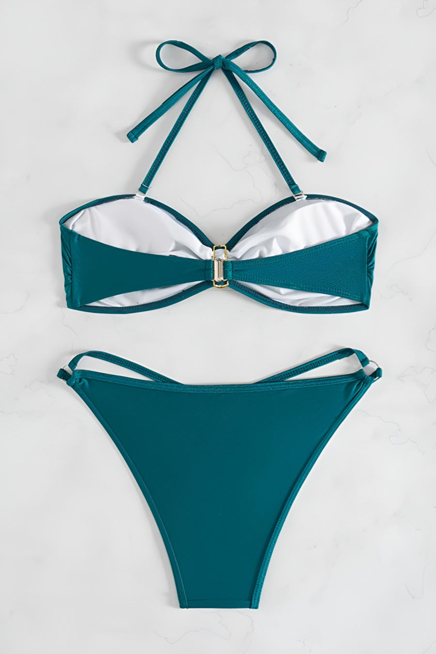 Sexy metallic shell decor padded halter-neck lace-up bikini set