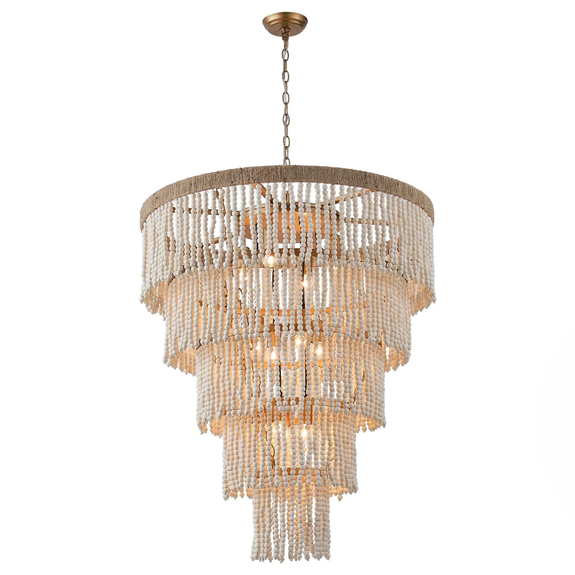 32 Inch Nelly 9-Light Bohemia wood beaded chandelier in golden finish for farmhouse décor