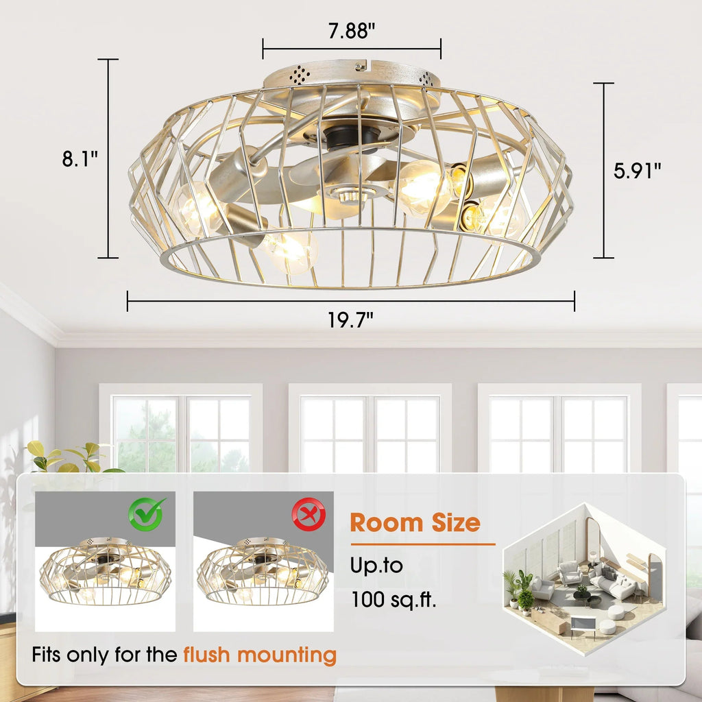 20 Inch Silver Flush Mount Ceiling Fan with Light APP and Remote Control