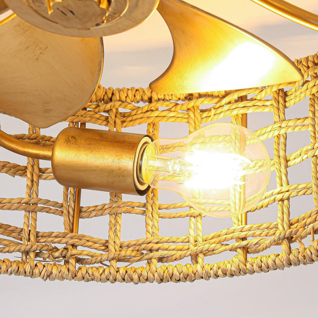 18 Inch Vintage Gold Farmhouse Rattan Flush Mount Ceiling Fan with Light APP and Remote Control