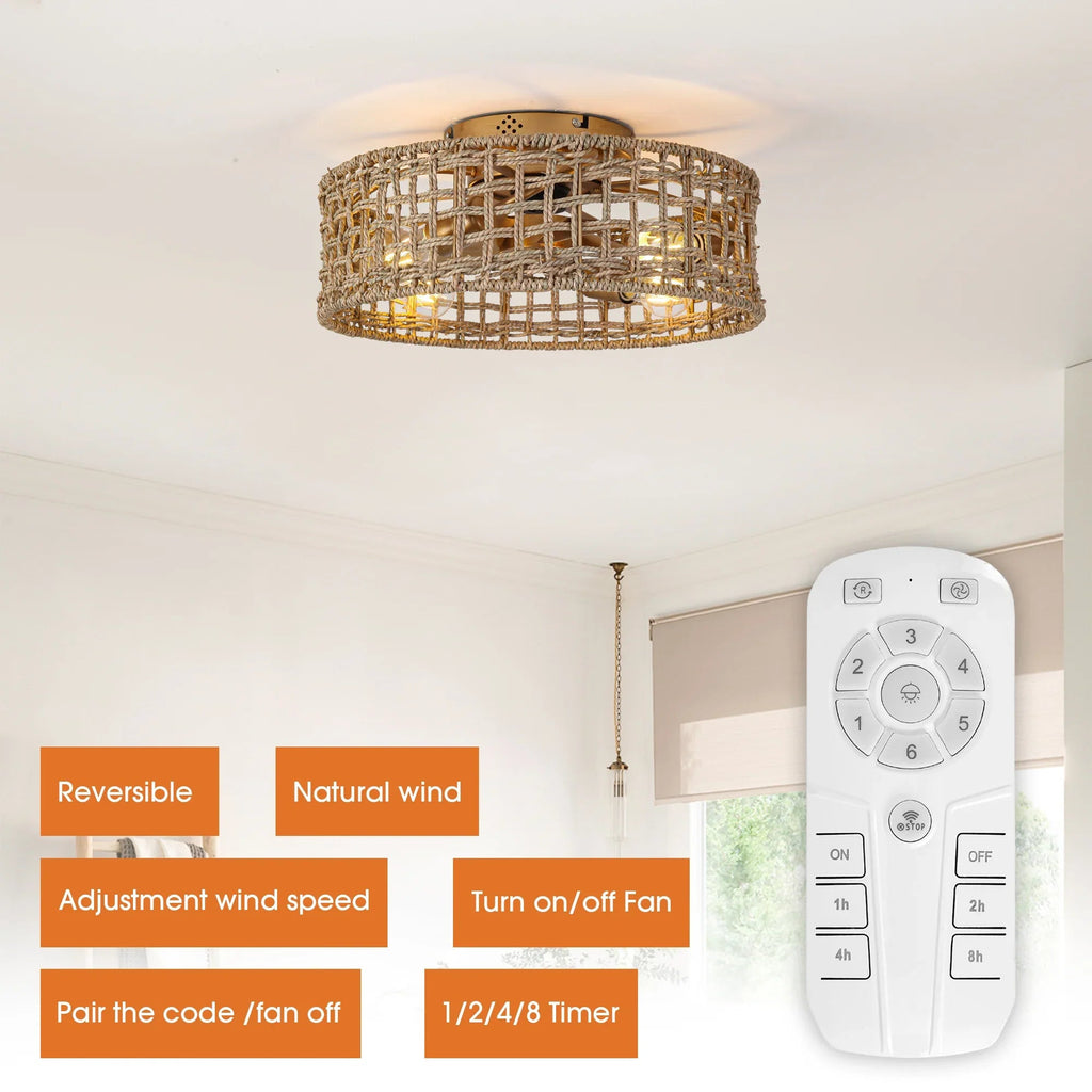 18 Inch Vintage Gold Farmhouse Rattan Flush Mount Ceiling Fan with Light APP and Remote Control