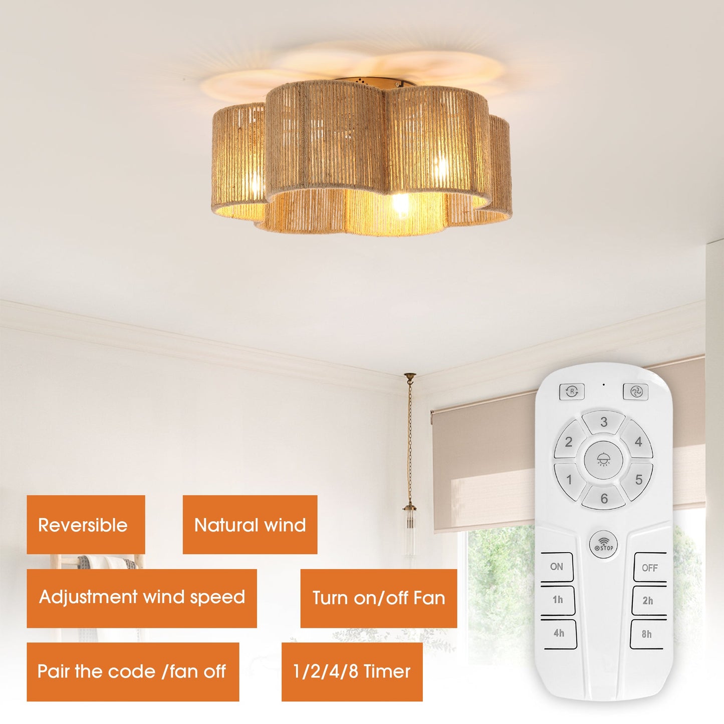 21 Inch Golden Flower-shape Farmhouse Rattan Flush Mount Ceiling Fan with Light APP and Remote Control