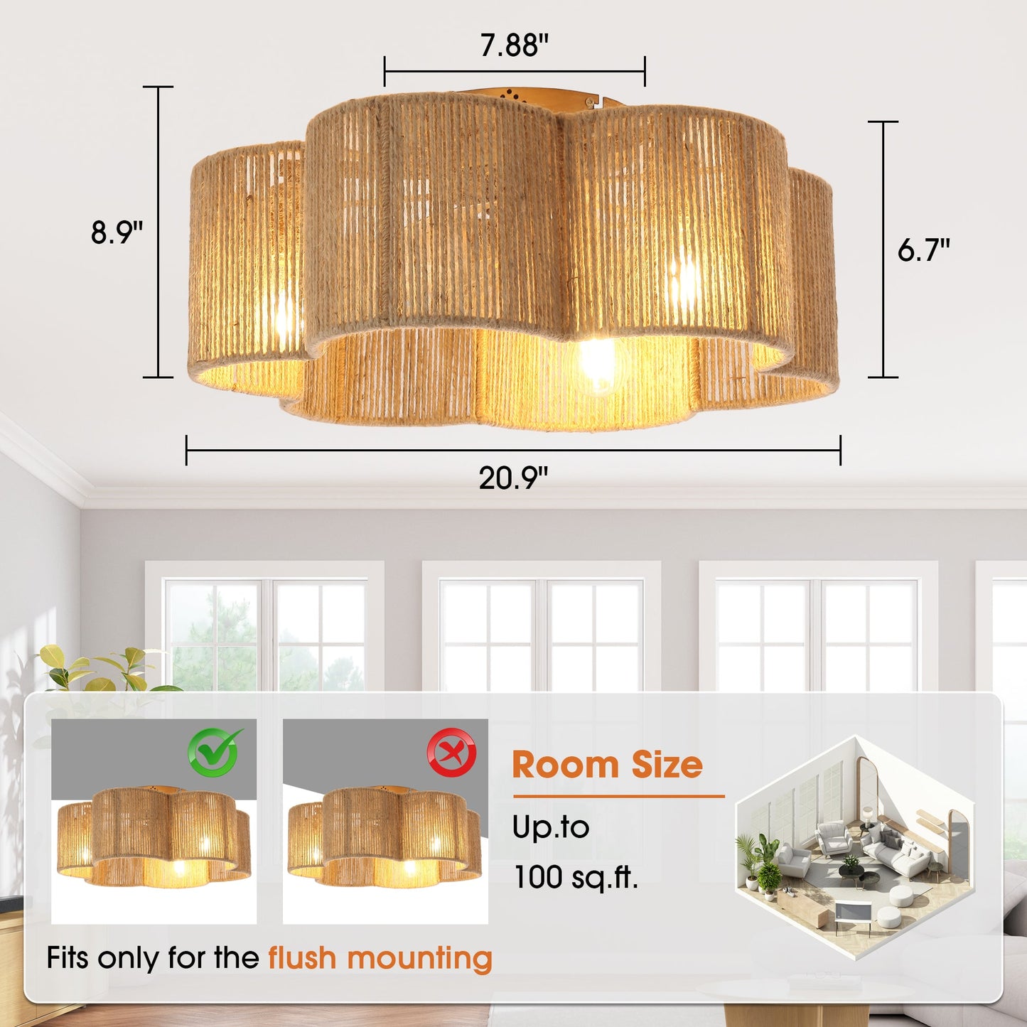 21 Inch Golden Flower-shape Farmhouse Rattan Flush Mount Ceiling Fan with Light APP and Remote Control