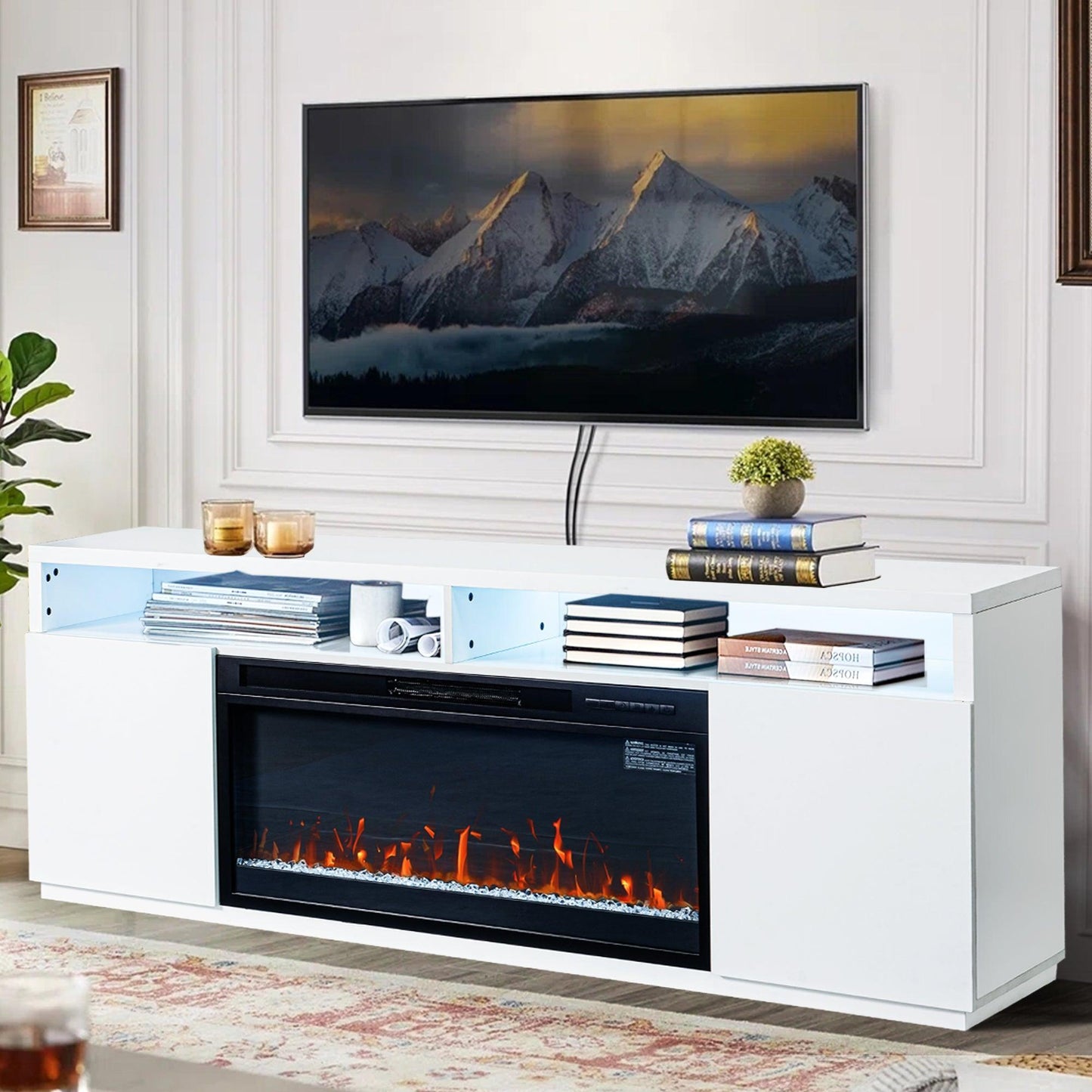 Modern 68" LED TV Stand with 36" Insert Opening Electric Fireplace for Living Room in Black or White