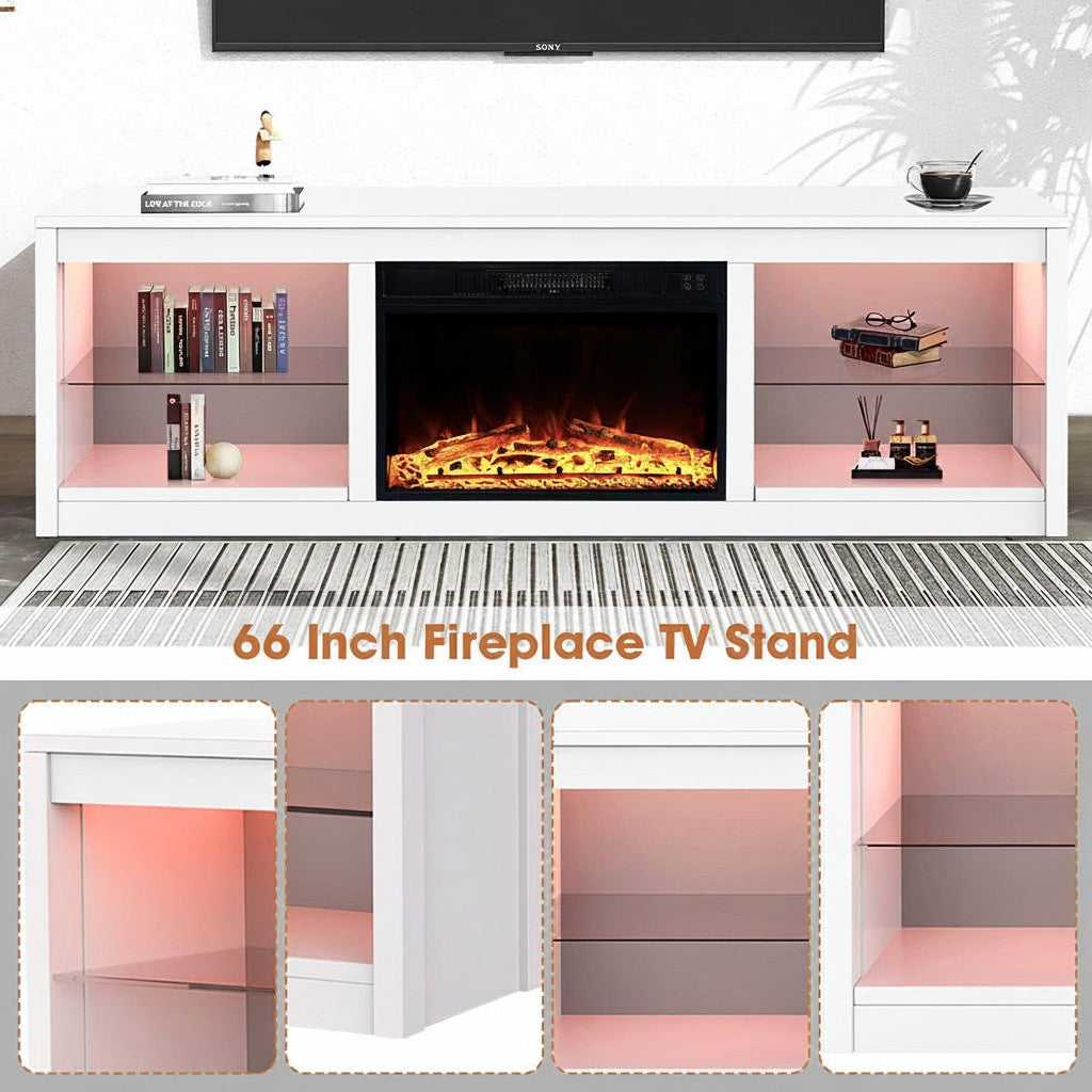 Modern 66" LED TV Stand with 23" Insert Electric Fireplace for Living Room