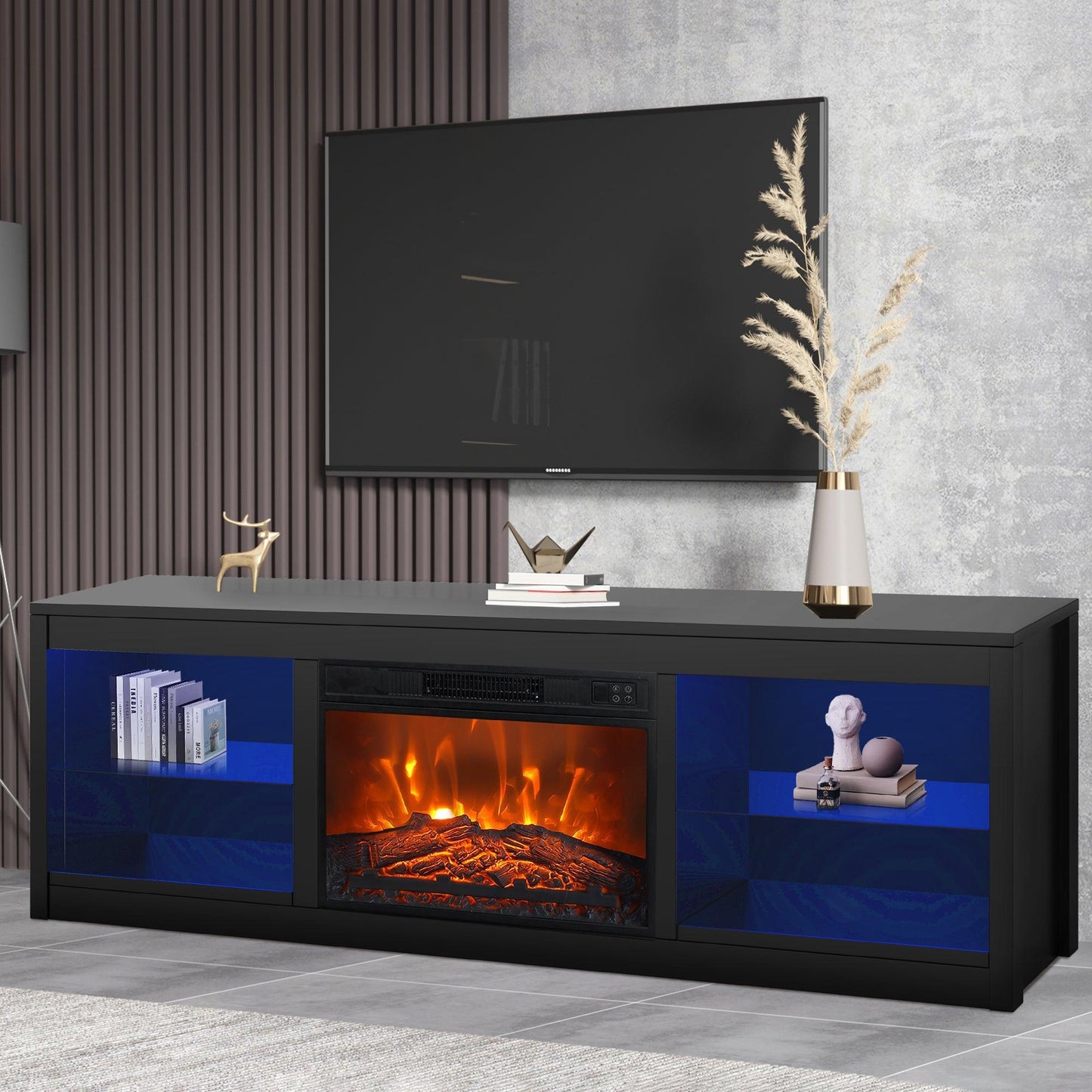 Modern 66" LED TV Stand with 23" Insert Electric Fireplace for Living Room