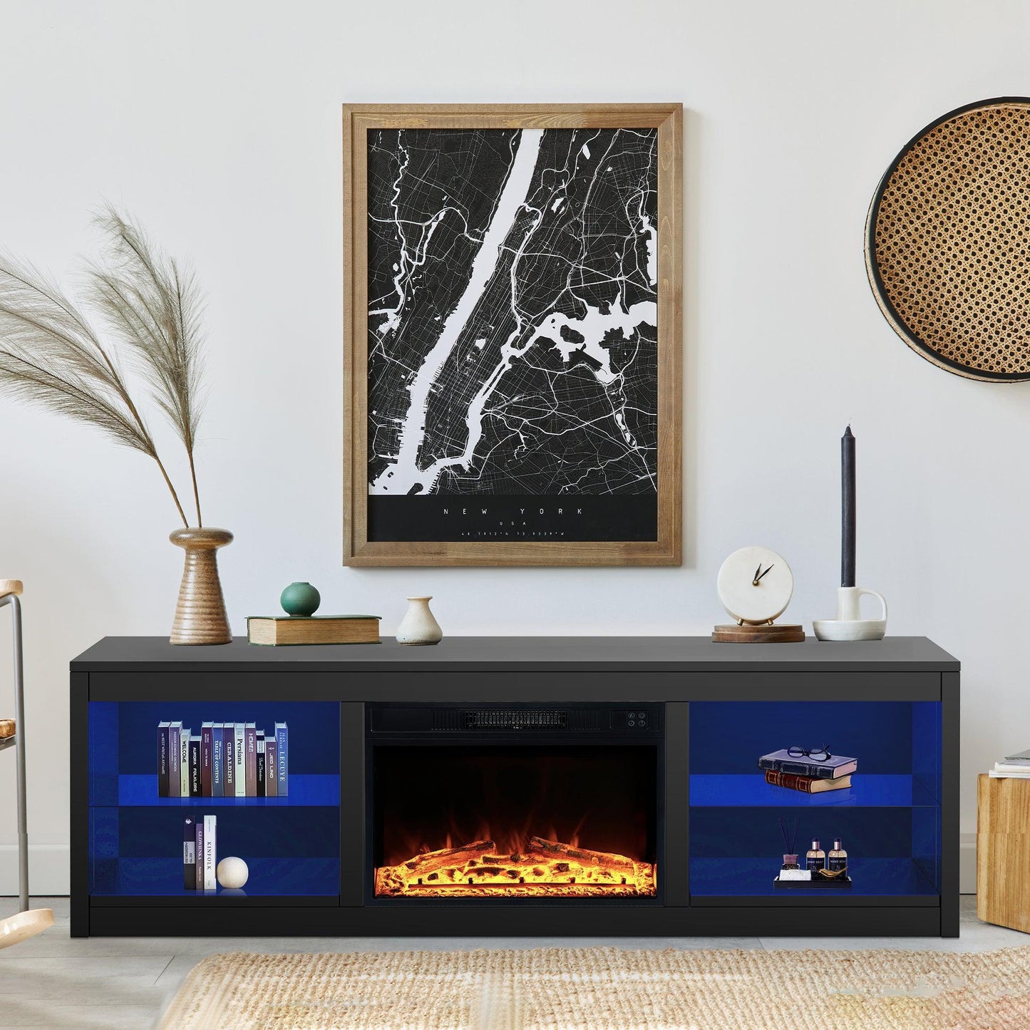 Modern 66" LED TV Stand with 23" Insert Electric Fireplace for Living Room