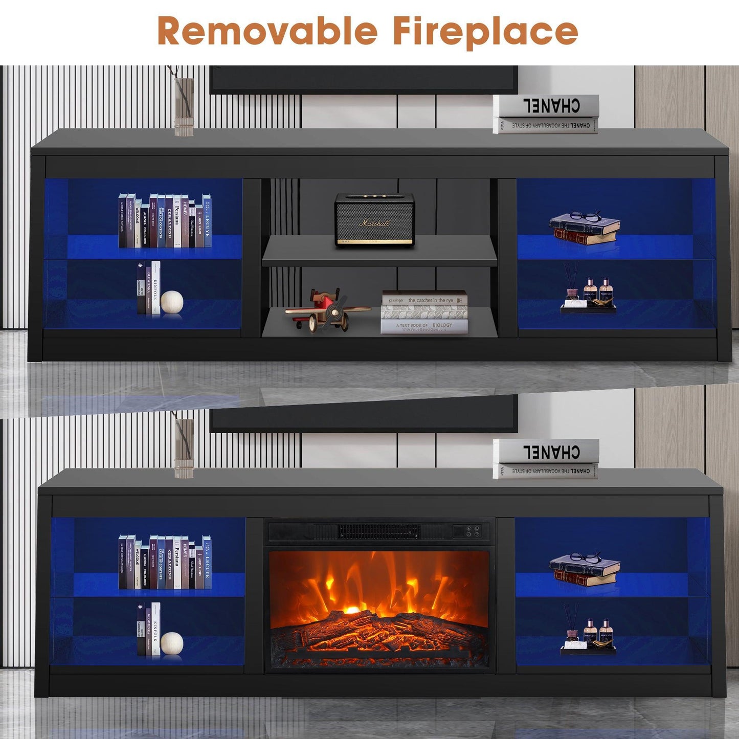 Modern 66" LED TV Stand with 23" Insert Electric Fireplace for Living Room