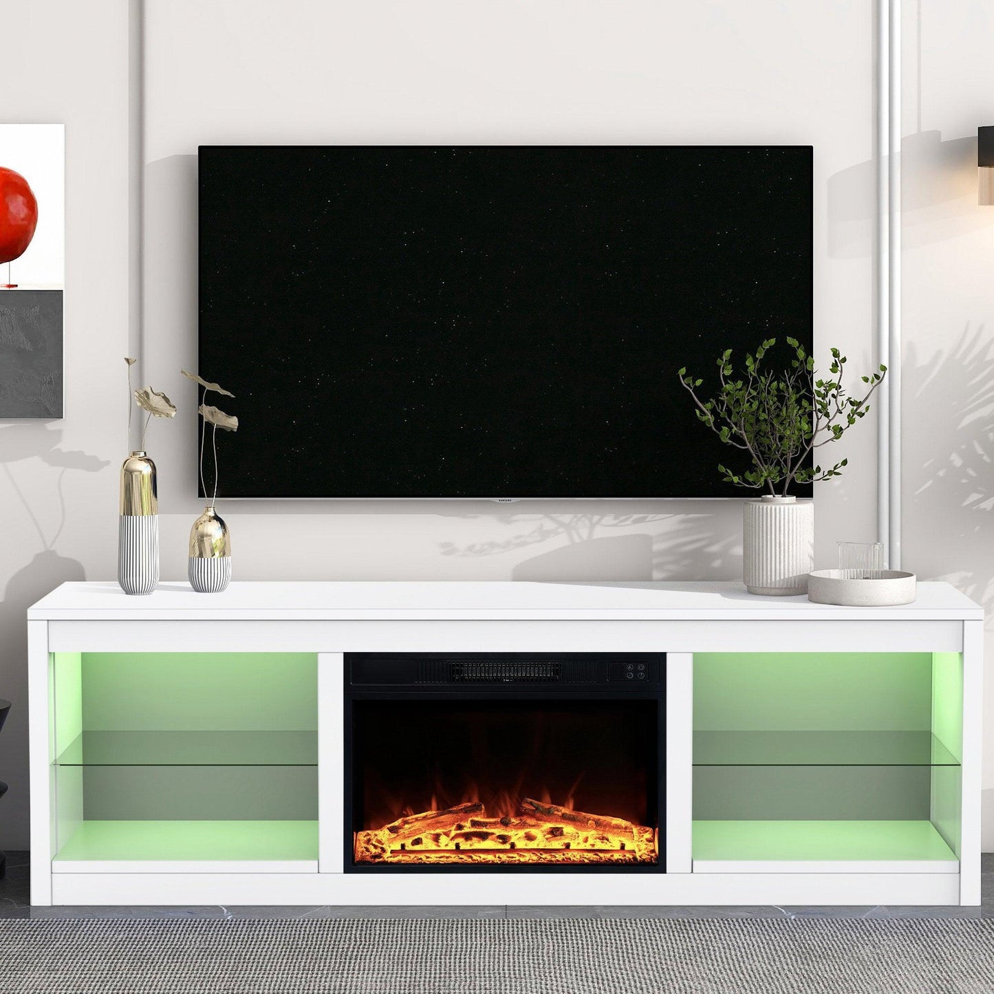 Modern 66" LED TV Stand with 23" Insert Electric Fireplace for Living Room