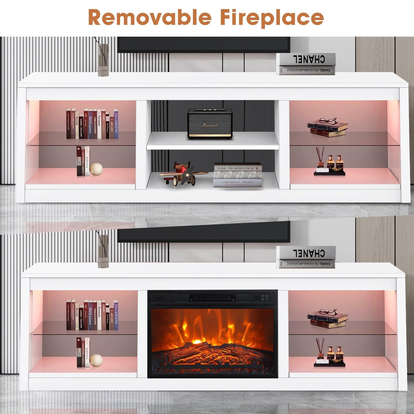 Modern 66" LED TV Stand with 23" Insert Electric Fireplace for Living Room