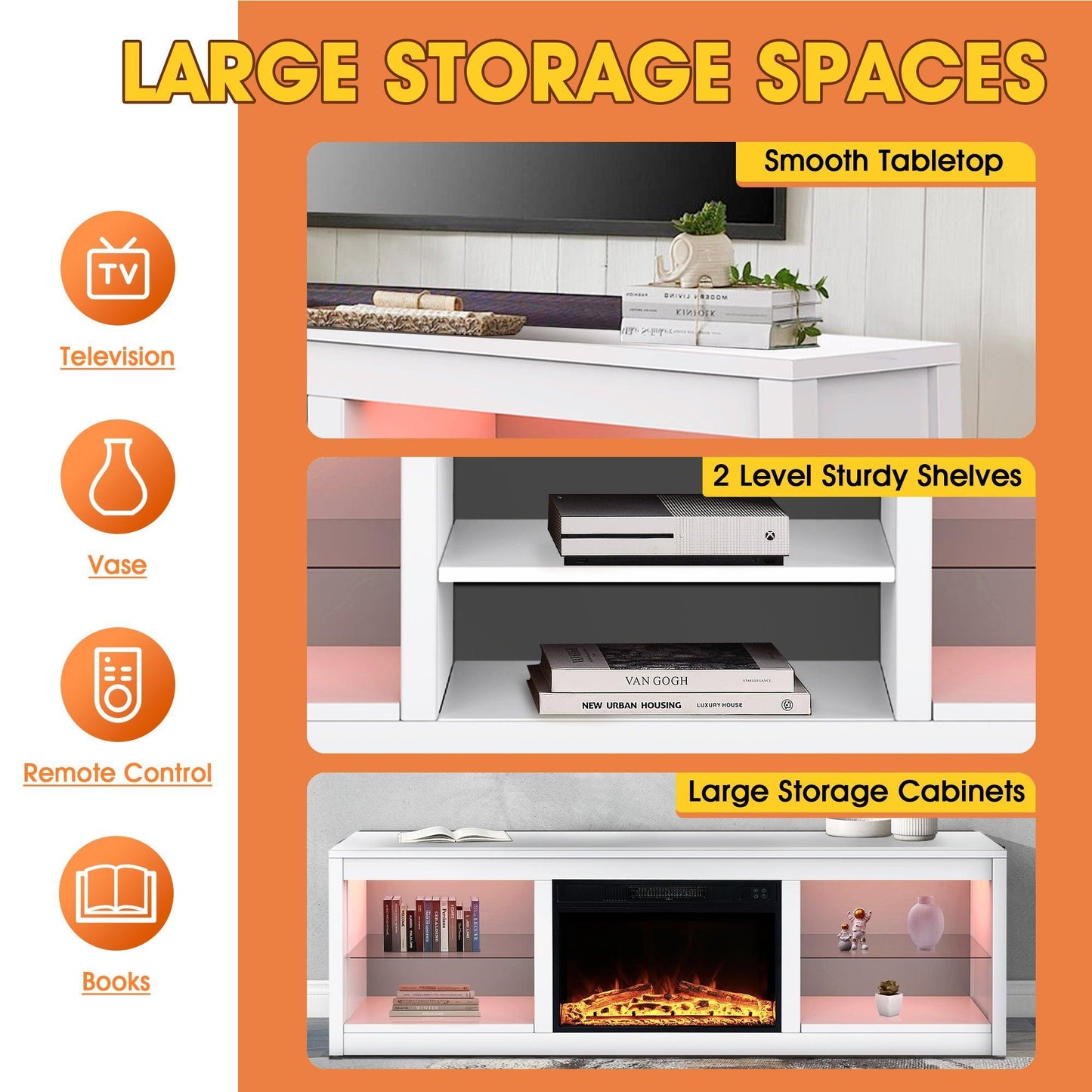 Modern 66" LED TV Stand with 23" Insert Electric Fireplace for Living Room