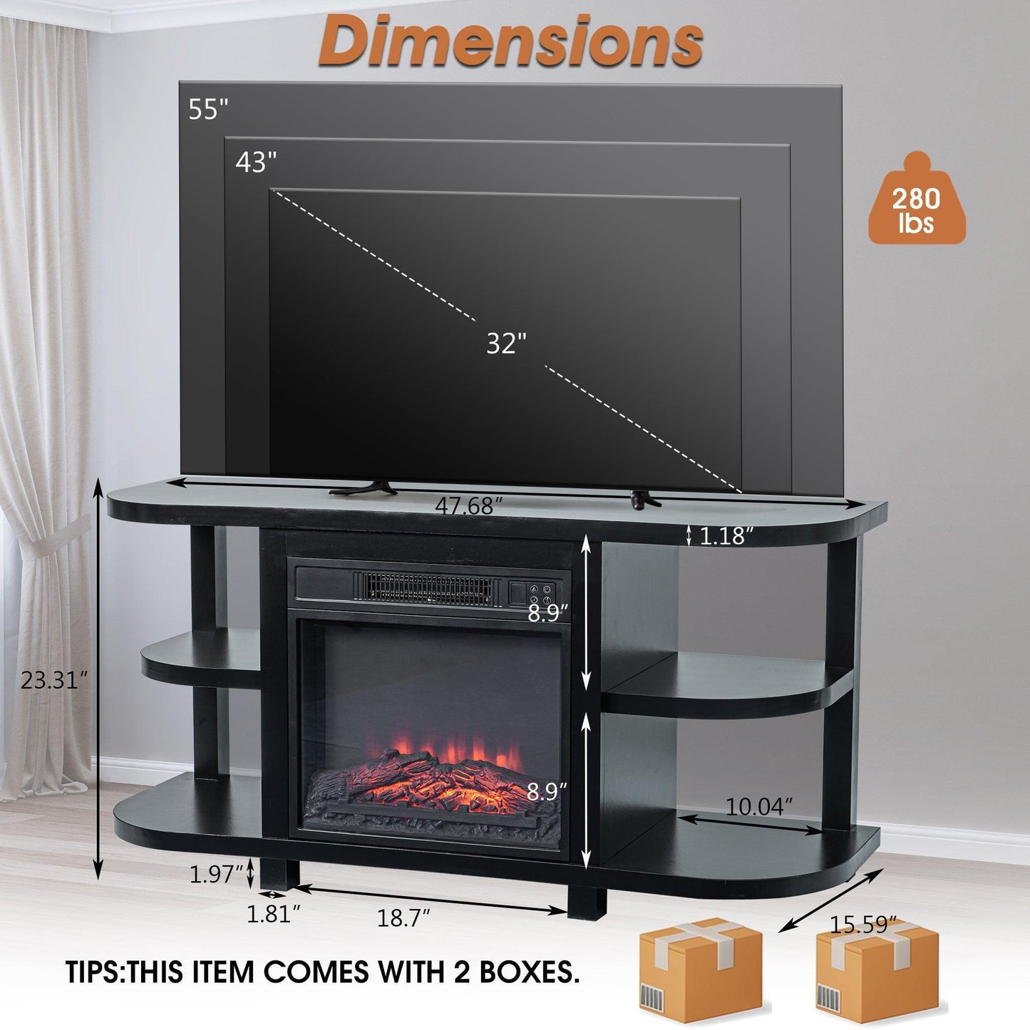 Decorative Modern 48" TV Stand with 18" Insert Electric Fireplace