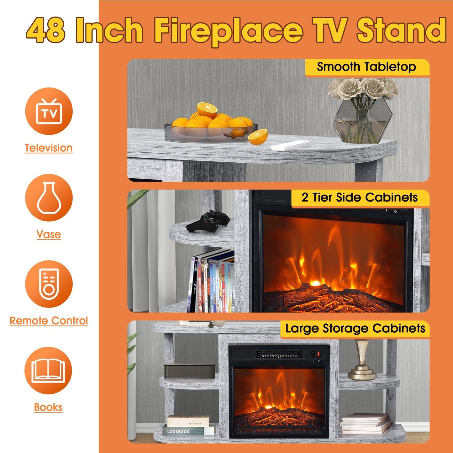Decorative Modern 48" TV Stand with 18" Insert Electric Fireplace