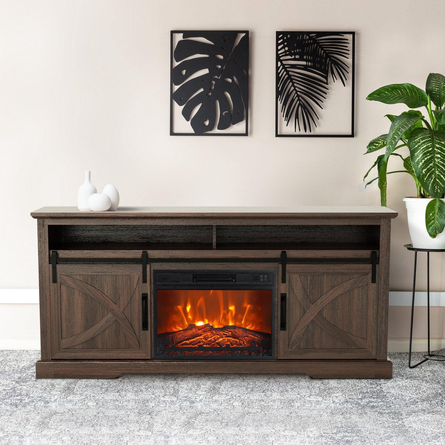 68" Farmhouse TV Stand with 23" Insert Opening Electric Fireplace