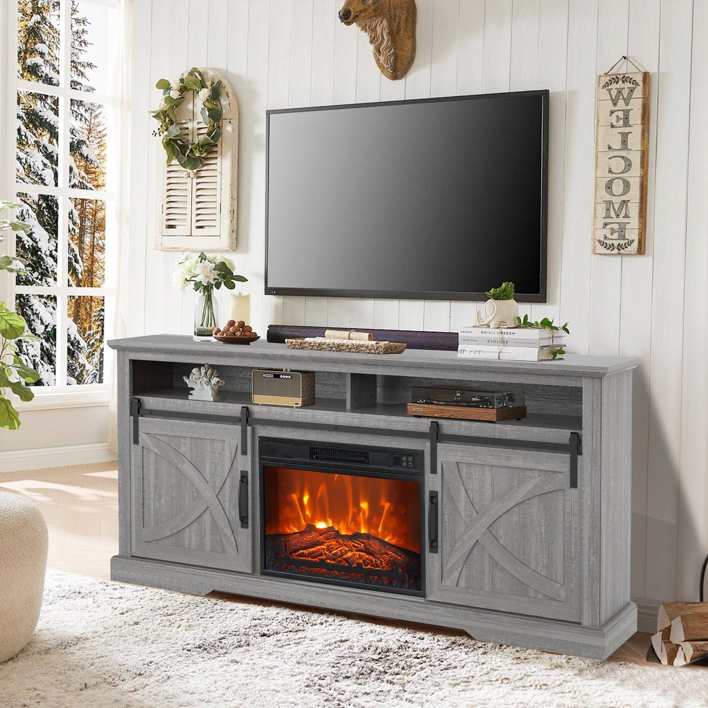 68" Farmhouse TV Stand with 23" Insert Opening Electric Fireplace