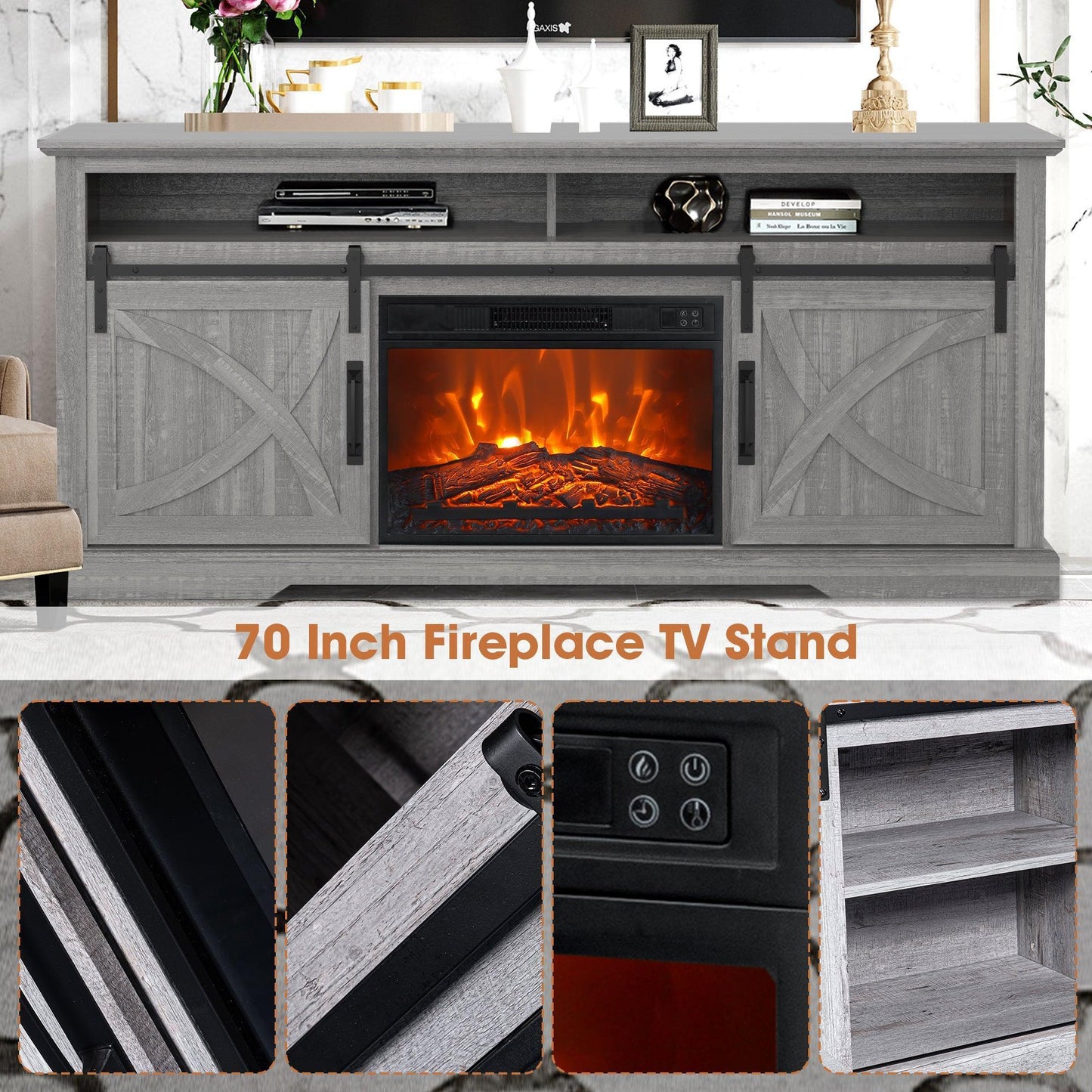 68" Farmhouse TV Stand with 23" Insert Opening Electric Fireplace