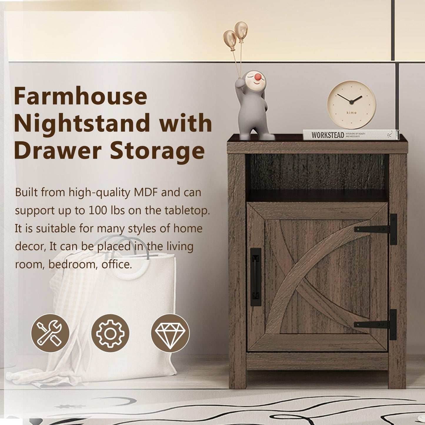 18" Solid Wood Farmhouse Nightstand for Bedroom in Brown or Grey or White