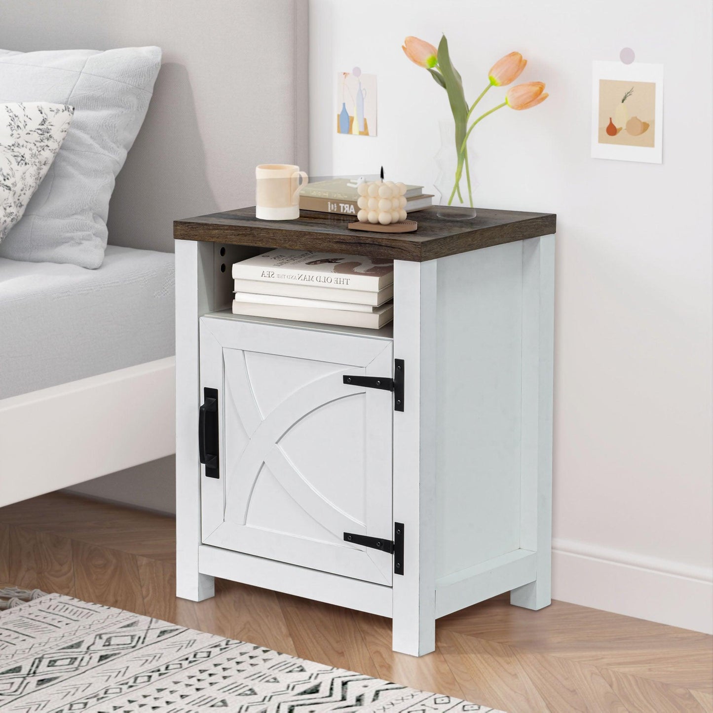18" Solid Wood Farmhouse Nightstand for Bedroom in Brown or Grey or White