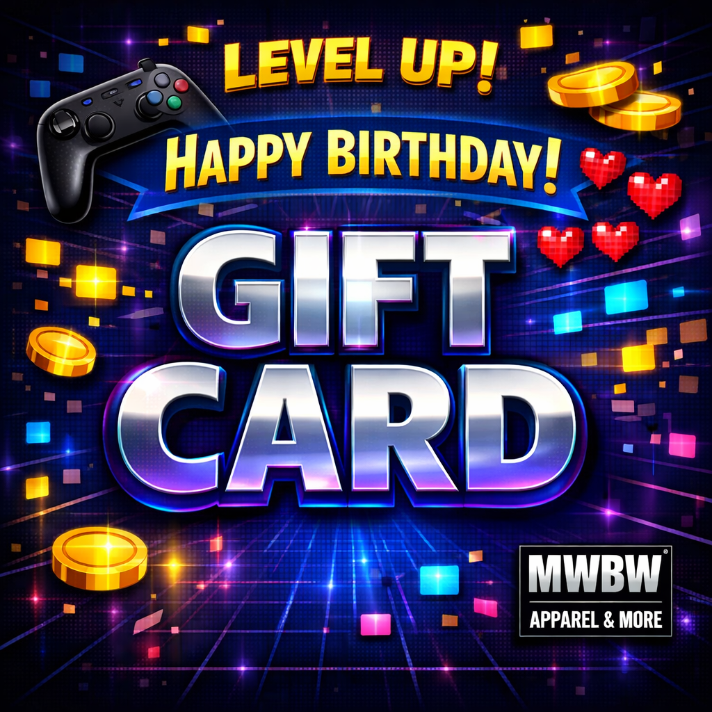 Teen gaming birthday gift card with controller, pixel hearts, neon LEVEL UP text and MWBW logo
