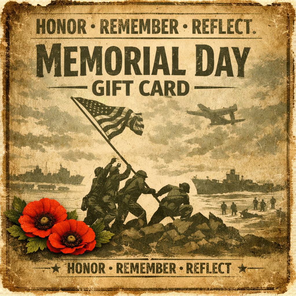 Vintage military Memorial Day gift card – aged WWII poster style – soldiers, dog tags, poppies – MWBW Apparel and More